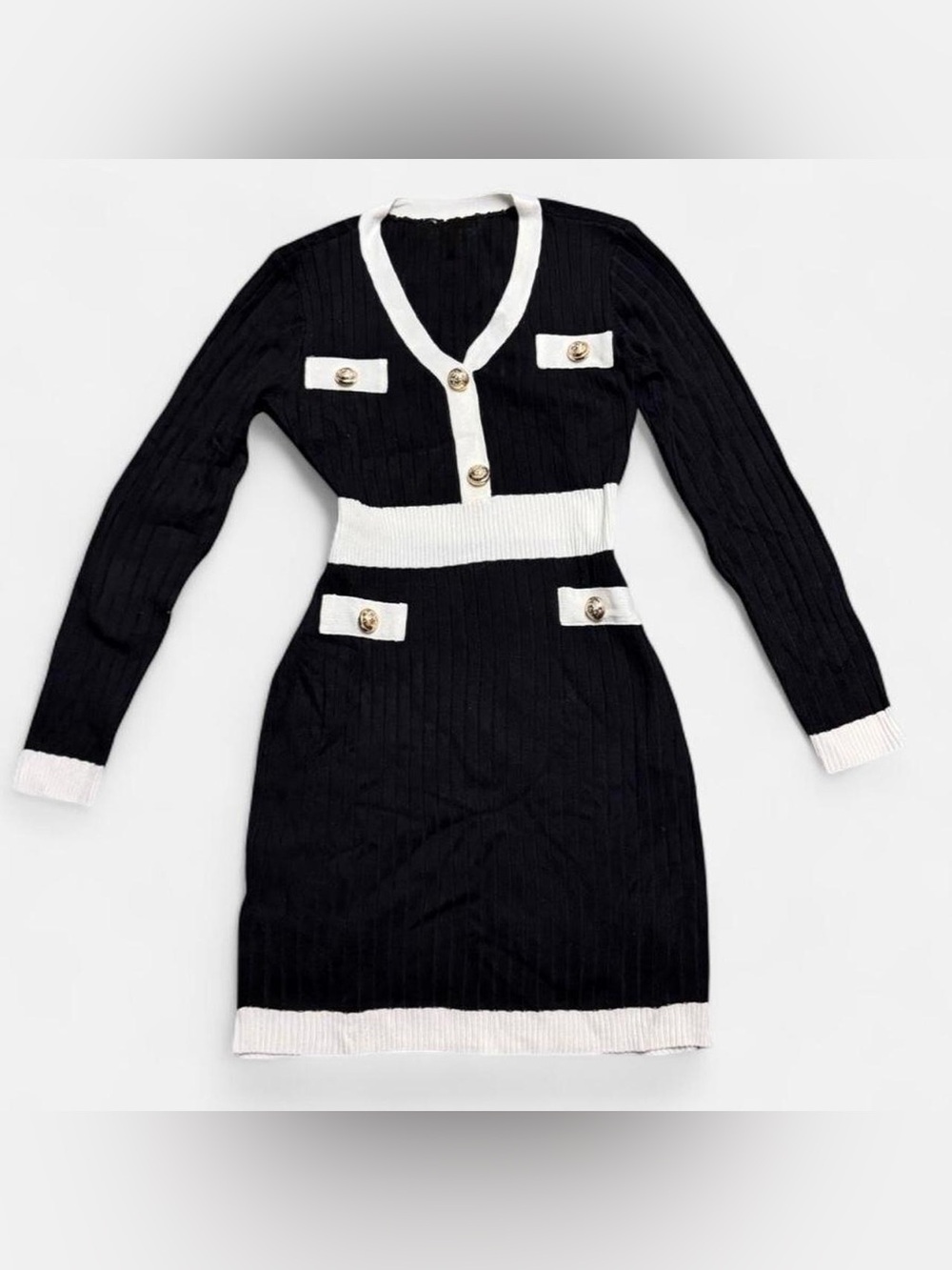 Black Ribbed Knit Gold Button-Front Mini Dress with White Trim (M) - Picture 2 of 3